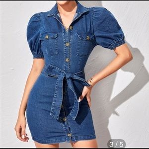 Puff Sleeve Buttoned Denim Dress